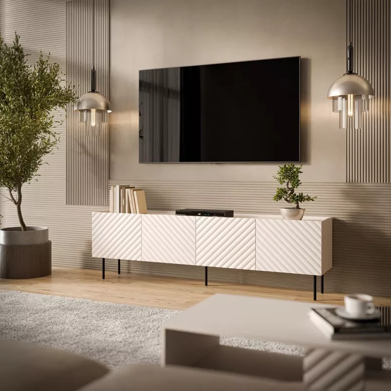 TV skapis Cama LUCCA 4D 200x40x59 cm, kašmira apdare, pelēka skaidu plātnes virsma