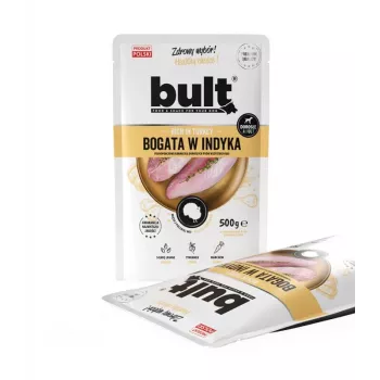 Mitrā suņu barība BULT Rich in turkey 500 g – pilnvērtīga konservēta mitrā barība pieaugušiem suņiem, 78% mitruma, 11% olbaltumvielu, 6,5% tauku