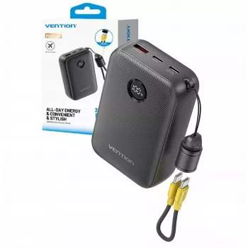 Portable charger Vention FKBB0-C 20000mAh power bank, 1x USB-A + 2x USB-C, Melns