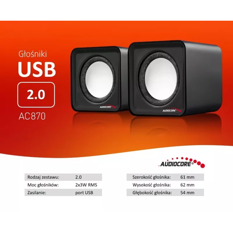 2 virzienu PC skaļrunis Audiocore AC870 B — 3 W RMS, vadu USB barošana, 3,5 mm ieeja, 2.0 kanāli