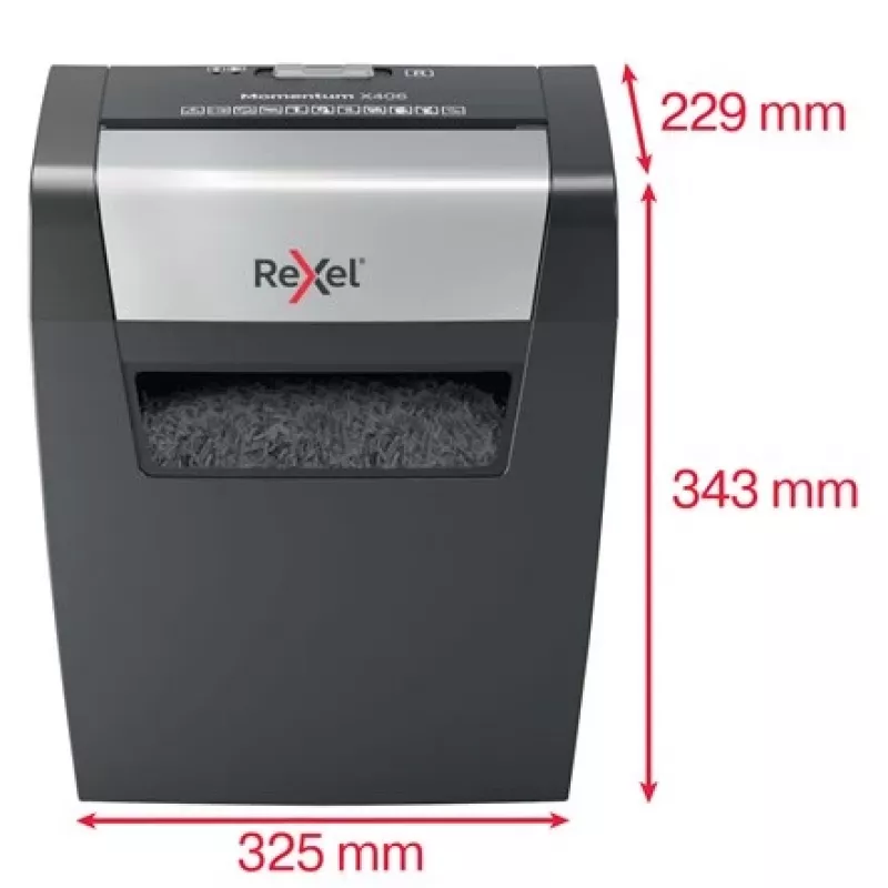 Rexel Momentum X406 krusteniskās griešanas papīra smalcinātājs P4, daļiņu griešana, 4 x 28 mm, 15 L, 125 loksnes, 70 dB, pogas