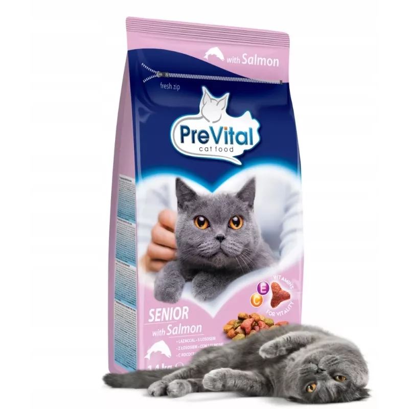 Sausā kaķu barība PREVITAL Senior Salmon 1,4 kg — senioru formula, 31% olbaltumvielu, 9% tauku