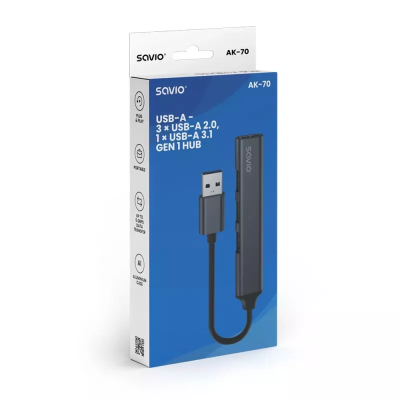 USB centrmezgls SAVIO AK-70, 7 portu USB 3.0, 4 lietojami porti, USB Type-A resursdators, 5 Gbit/s pārsūtīšana, garantija 2 gadi