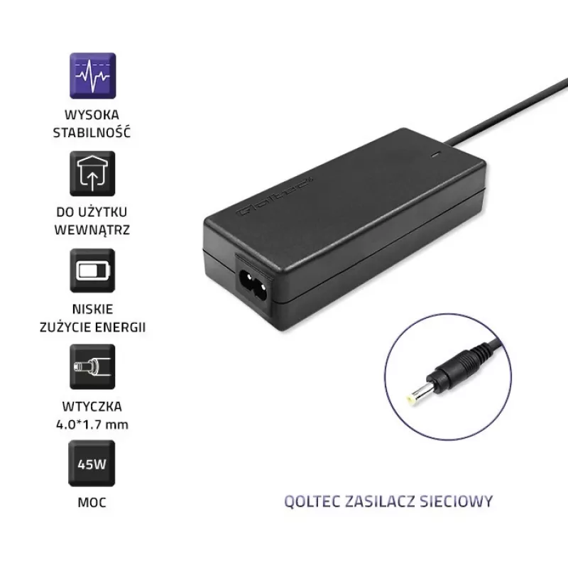 Qoltec 51509.45W Barošanas adapteris Lenovo | 45W | 20V | 2.25A | 4.0*1.7 | + strāvas kabelis