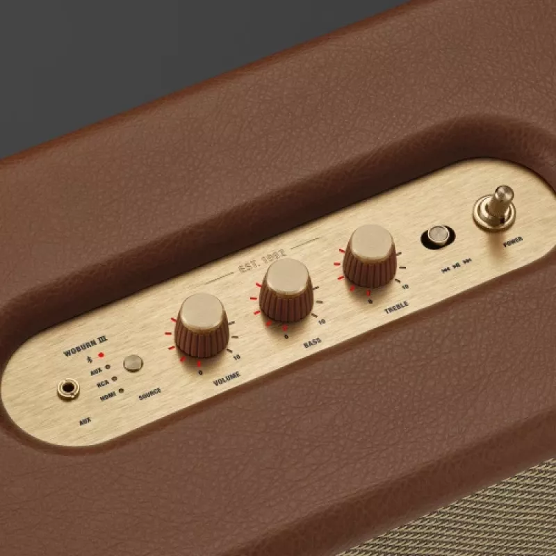 Bezvadu skaļrunis MARSHALL Woburn III Brown — multiroom, Bluetooth, Wi‑Fi, analogās ieejas