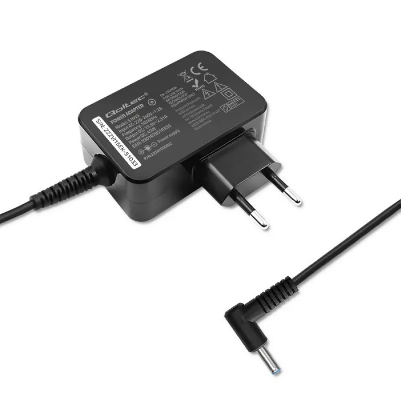 Maiņstrāvas barošanas adapteris QOLTEC 51033 klēpjdatoriem, 45 W, 19,5 V, 2,31 A, 220–240 V, iekštelpām, melns, 1,7 m kabelis