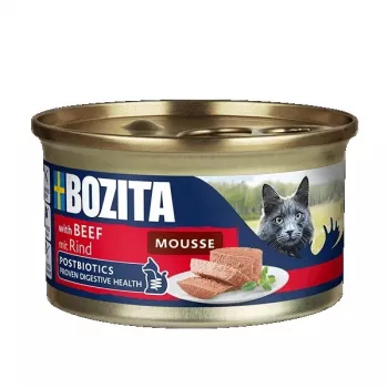 Mitrā kaķu barība BOZITA Mousse Beef 85 g — pilnvērtīga liellopu gaļas putu konsistence pieaugušiem kaķiem, bez graudiem, bez lipekļa un bez cukura