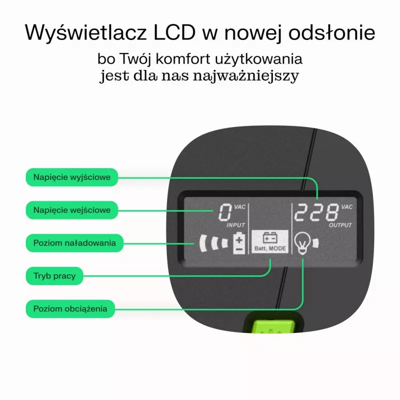 UPS Line-Interactive zaļa Cell 6.5 kVA, 360 W, 2 maiņstrāvas kontaktligzdas, 12 V 7 Ah VRLA, USB, tornis, melns