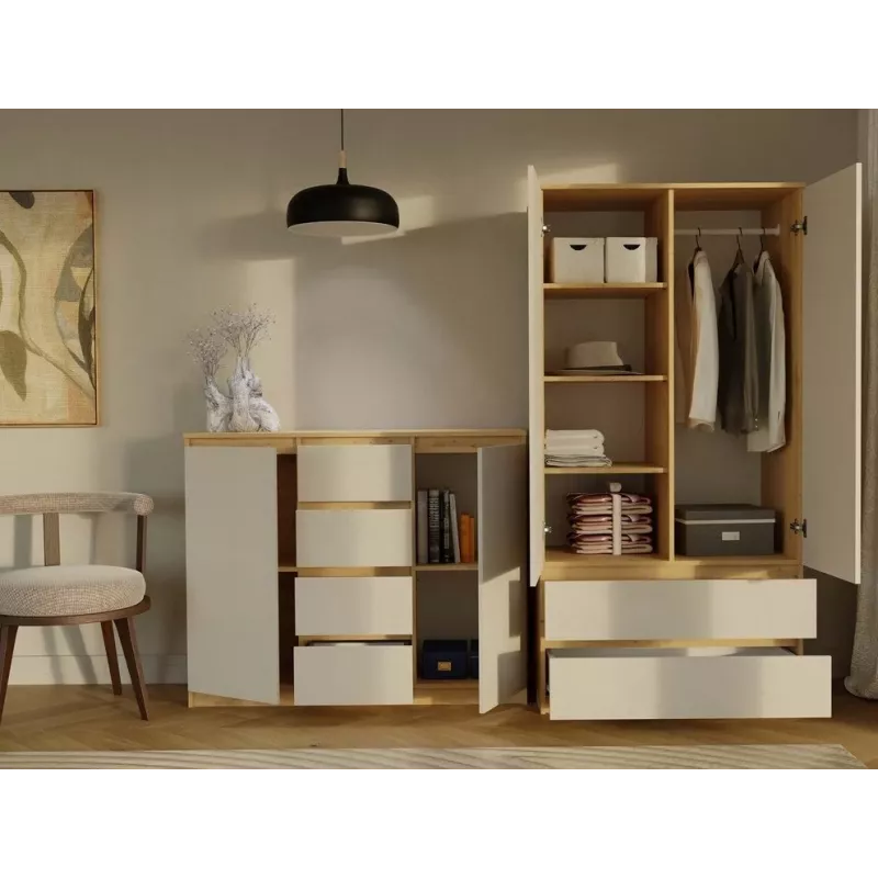 kumode ar 2 durvis un 4 atvilktnes, artisan ozols/kašmira krāsa