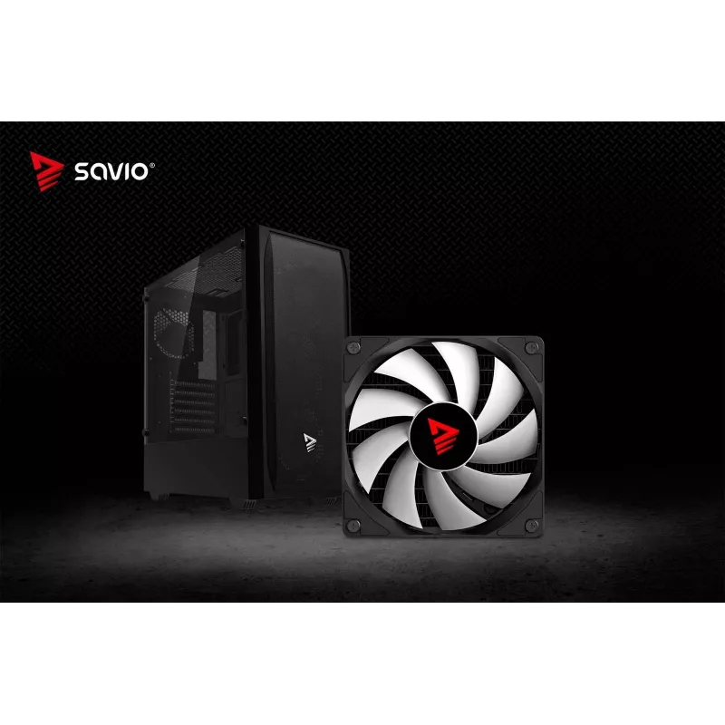 PC korpuss SAVIO Noctis Flow — Cube Mini‑ITX/Micro‑ATX/ATX, 3x120mm priekšā, 1x120mm aizmugurē, 2x3.5 collu + 3x2.5 collu sloti, rūdīts stikls