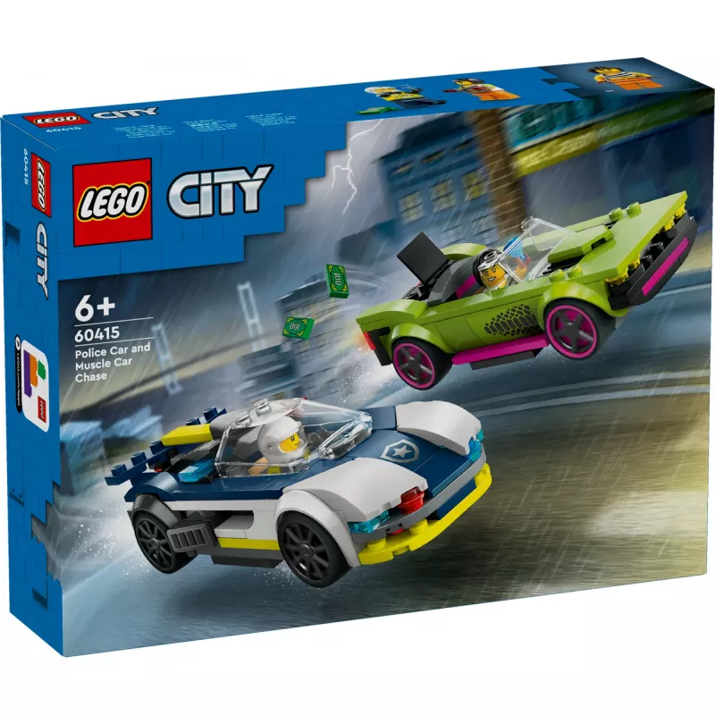 LEGO City rotaļu komplekts 60415 Policijas auto un muskuļauto pakaļdzīšanās — 213 elementi, 2 minifigūras, vecumam 6+