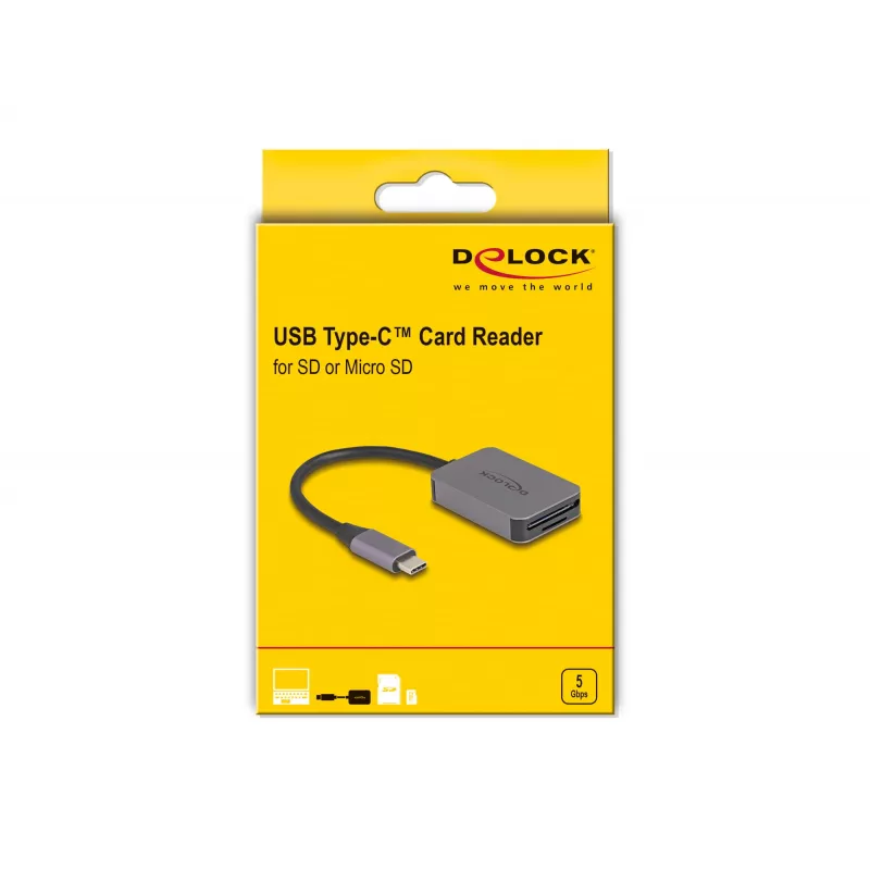 DeLOCK USB Type-C karšu lasītājs alumīnija SD Micro SD 5000 Mbit/s