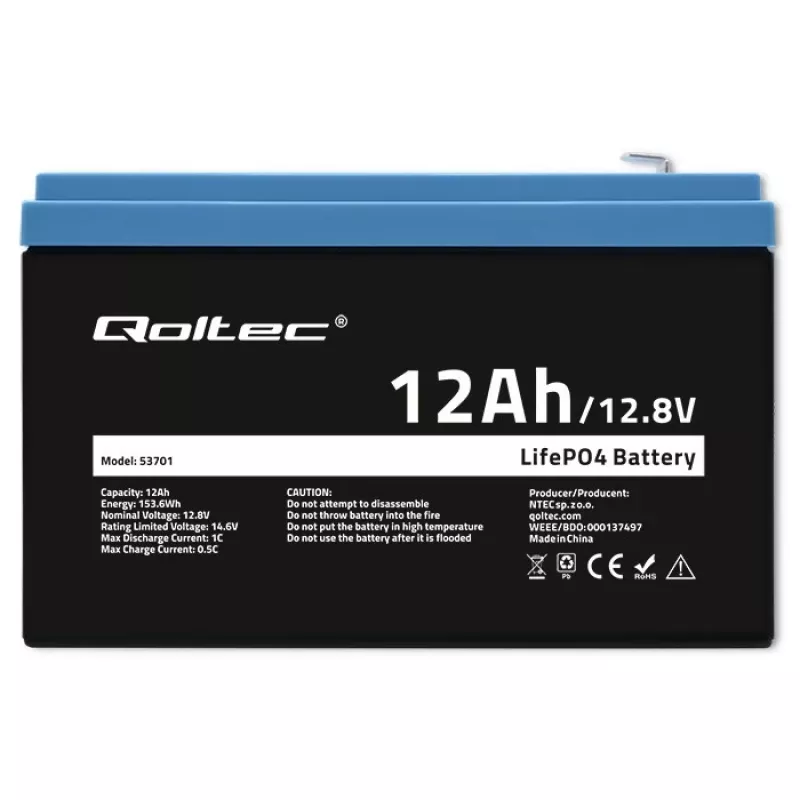 Qoltec LiFePO4 litija dzelzs fosfāta baterija 12,8 V 12 Ah 153,6 Wh ar BMS