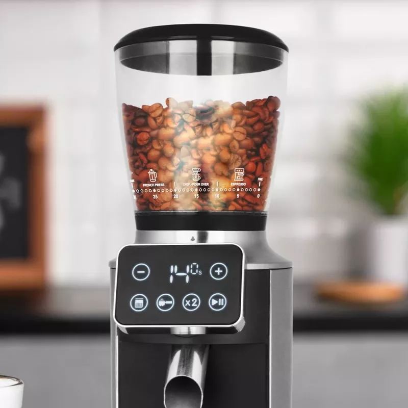 Burr coffee grinder GASTROBACK Design Pro Touch 30 — koniska dzirnakmens, 300 g tvertne, 150 W, melna/caurspīdīga