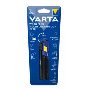 Rokas darba gaisma Varta Work Flex Melns LED, 100 lm, iebūvēta baterija, 6 h, alumīnijs/neilons/polikarbonāts/gumija, 120 mm