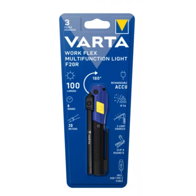 Rokas darba gaisma Varta Work Flex Melns LED, 100 lm, iebūvēta baterija, 6 h, alumīnijs/neilons/polikarbonāts/gumija, 120 mm