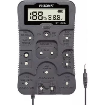 VOLTCRAFT bateriju testeris BT-12DIG mērījumu diapazons (bateriju testeris) 1,2 V, 1,5 V, 3 V, 3,7 V, 6 V, 9 V, 12 V baterijai, akumulatoram VC-14340820 (VC-14340820)