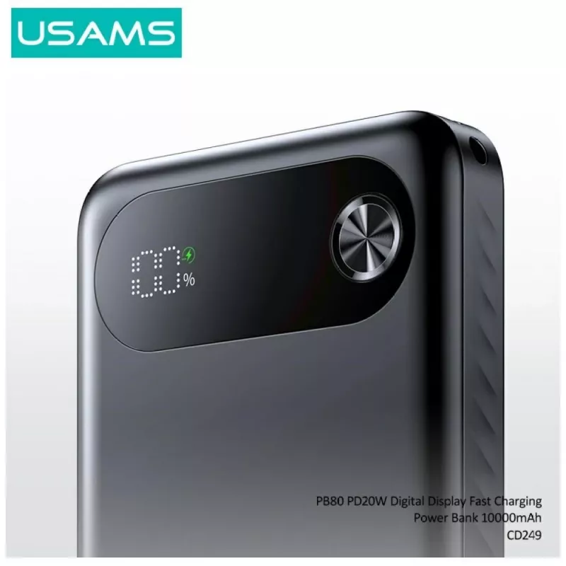 Ārējais akumulators usams PB80 PD20W 10000mAh — pārnēsājams lādētājs, melns