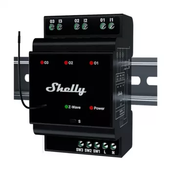 DIN-sliedes viedais relejs Shelly WavePro3, 3 kanālu Z-Wave, 110–240 V, 25 A kanālā, AES-128, DIN uzstādīšana