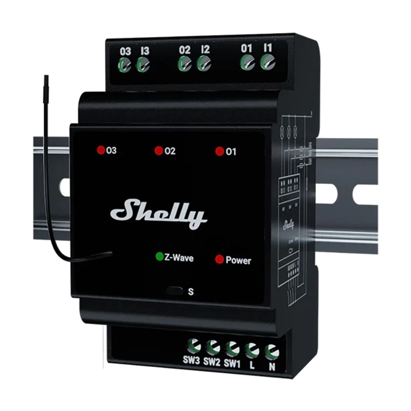 DIN-sliedes viedais relejs Shelly WavePro3, 3 kanālu Z-Wave, 110–240 V, 25 A kanālā, AES-128, DIN uzstādīšana