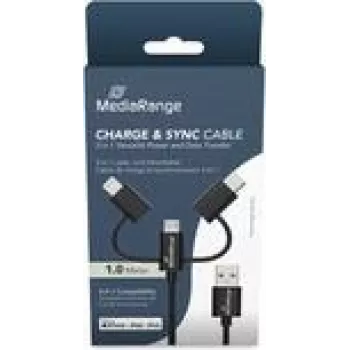 USB kabelis MediaRange MRCS246 — 1 m, USB A uz USB-C / Micro USB-A / Lightning, USB 2.0, melns