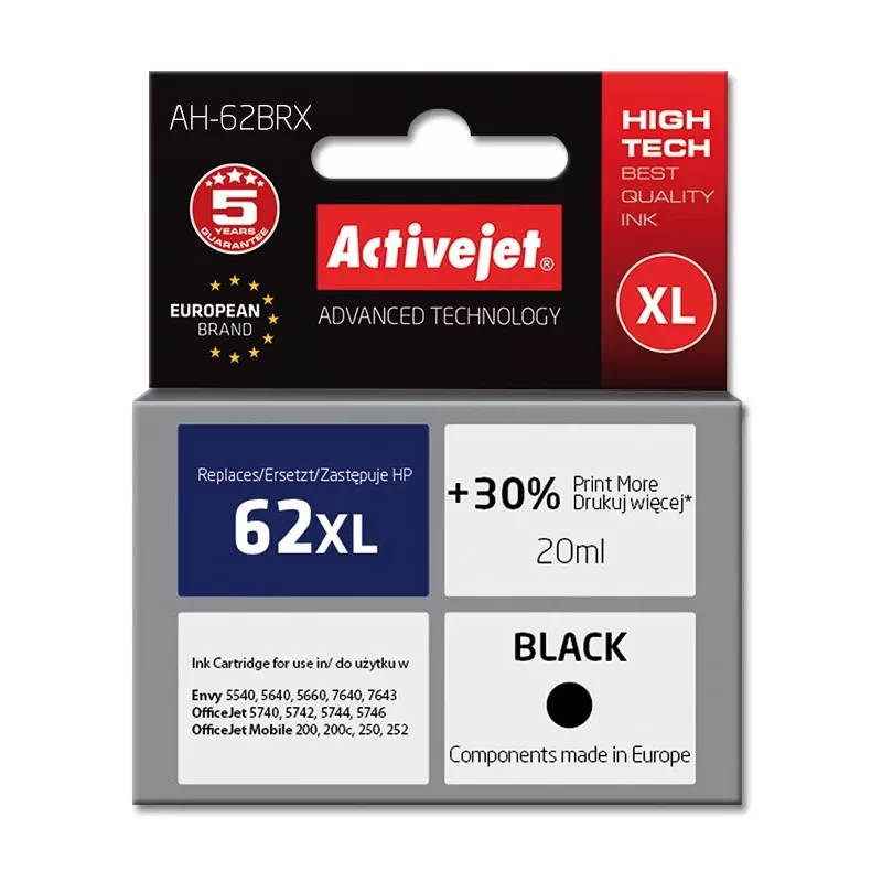 Activejet AH-62BRX tinte (aizstāj HP 62XL C2P05AE; Premium; 20 ml; melna)