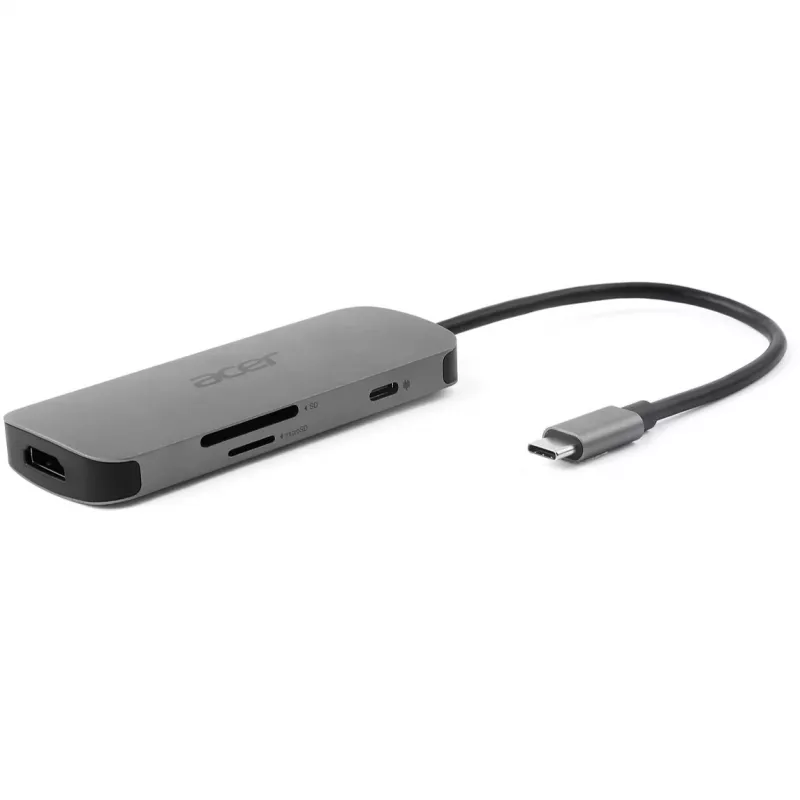 7-in-1 USB-C Dongle Acer — USB 3.2 Gen 1 Type-C, 3x USB-A, HDMI, SD/microSD, 100 W PD, Sudraba krāsa