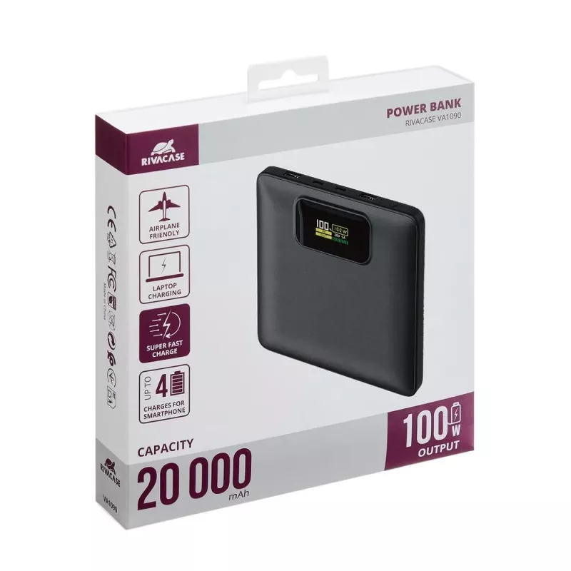 Ārējais akumulators Rivacase VA1090 — 20000 mAh, 77 Wh, kopējā izejas jauda 100 W, 440 g