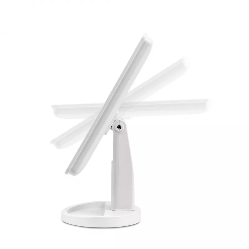 Brīvi stāvošs grima spogulis Girmi BE04 — taisnstūra formas, 1× palielinājums, balta LED gaisma, USB/4×AA, 180° rotācija