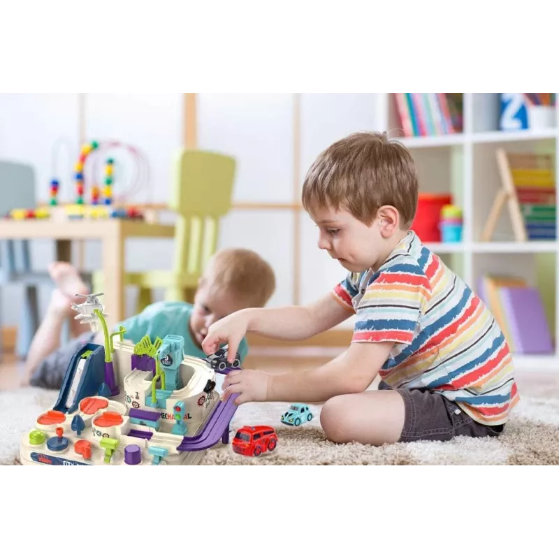 Rotaļu sacīkšu trases komplekts Extralink TOYS — viedās automašīnas spēļu komplekts, modulāras trases detaļas, ar baterijām darbināmi transportlīdzekļi