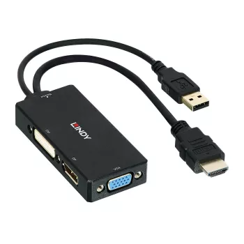 Lindy HDMI uz DisplayPort, DVI un VGA pārveidotājs, 0,15 m, 2160p, melns, DP STDP2600, DVI-D PS8222, VGA AG6200, 8 biti, 0–65 °C