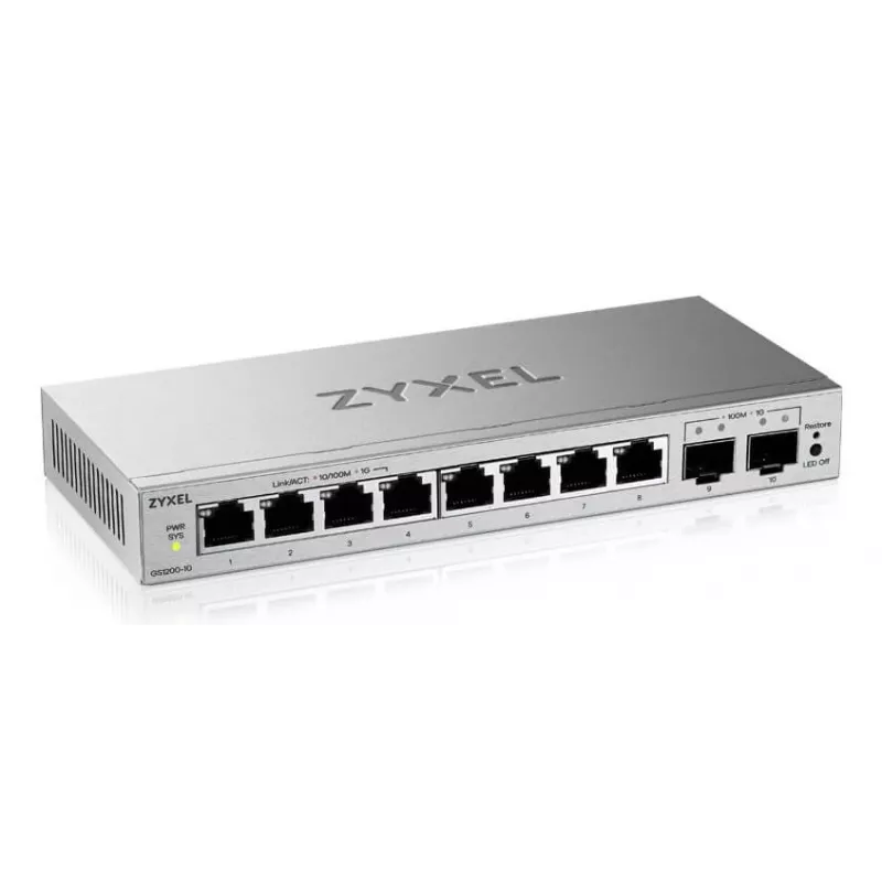 Pārvaldāms L2 Gigabit slēdzis Zyxel GS1200-10v3 — 8 x Gigabit (10/100/1000), 20 Gbps, MAC 4000, darbvirsmas, pelēks