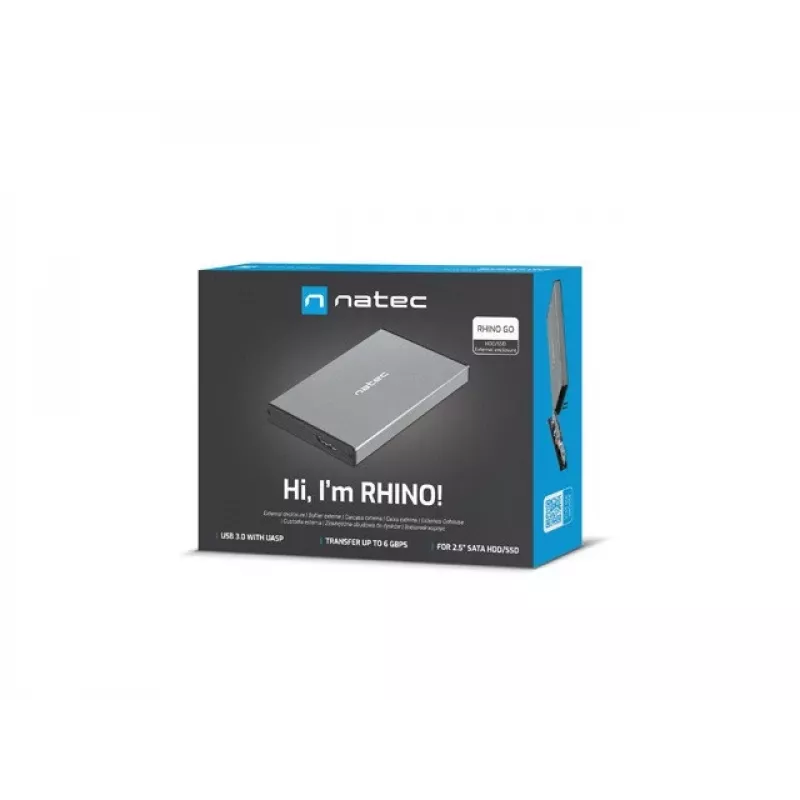Ārējais HDD/SSD korpuss NATEC Rhino GO — 2,5 collu SATA, 9,5 mm, USB 3.0, alumīnijs, pelēks, līdz 4 TB