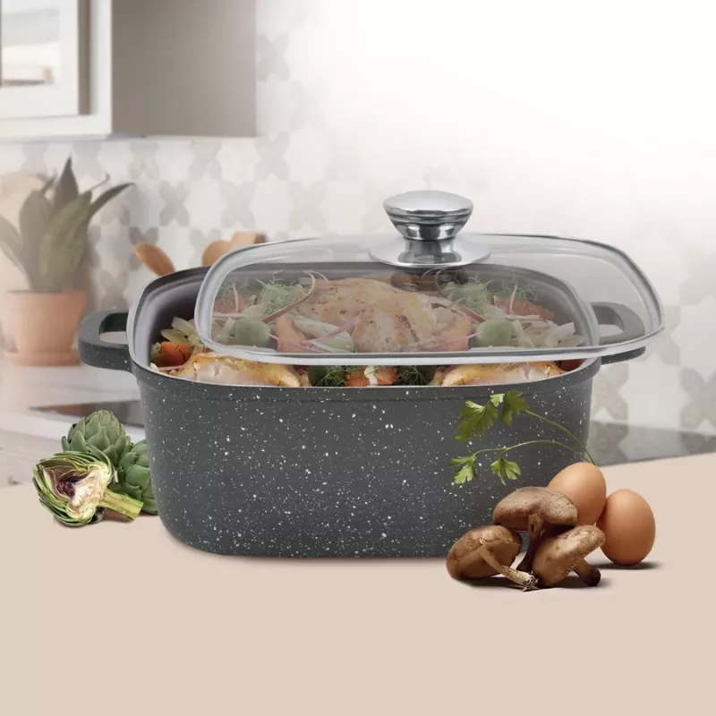Katls ar vāku Maestro MR-2828, 28 cm Ø, 8,0 L, nepiedegošs, gāzes plītīm, kvadrātveida, melns