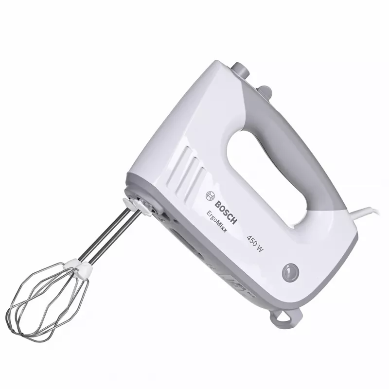 Rokas mikseris Bosch MFQ36480 – 450 W, 5 ātrumi ar turbo, pelēks/balts, putotāji un mīklas āķi