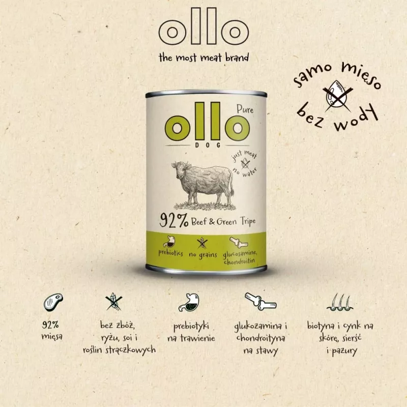 Slapjā suņu barība OLLO Pure Beef and zaļa Tripe 400 g bundža — pieaugušiem suņiem, olbaltumvielas 14,5%, tauki 11,9%, mitrums 69%