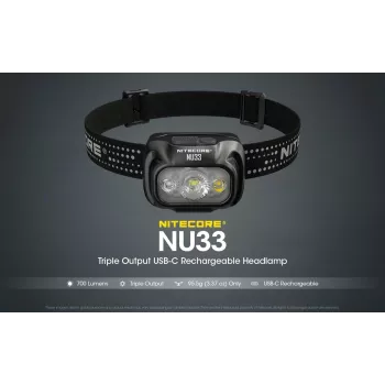 Galvas lukturītis Nitecore NU33, melns, 3 gaismas diodes, 700 lm, alumīnijs, USB uzlādējams, IP66