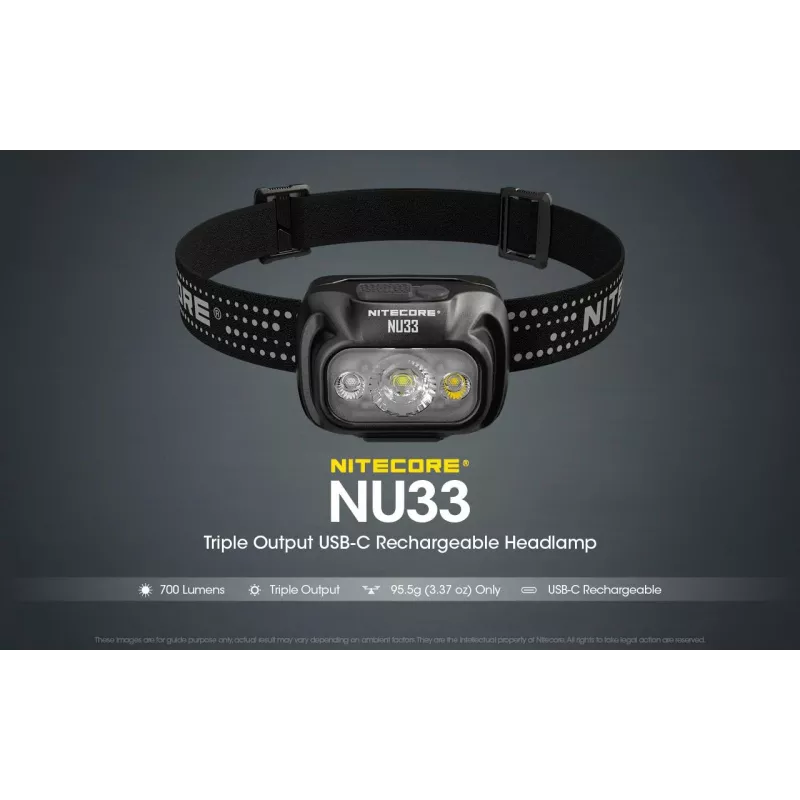 Galvas lukturītis Nitecore NU33, melns, 3 gaismas diodes, 700 lm, alumīnijs, USB uzlādējams, IP66