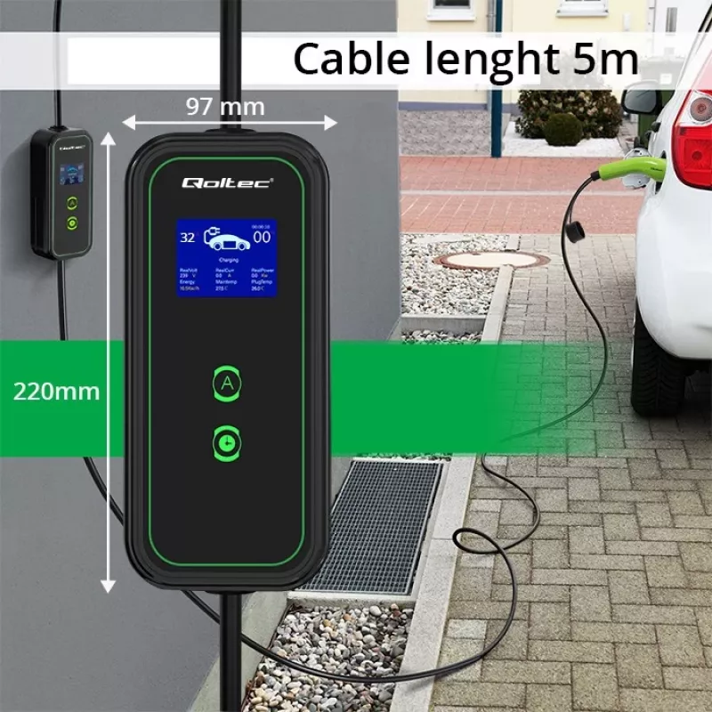 Qoltec Mobile EV Car Charger Adjustable 2in1 Type2 | 7kW | 230V | CEE 3 PIN | Wi-fi | LCD | Portable | Wallbox | 5m
