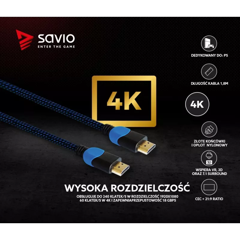 Savio GCL-02 HDMI kabelis 1,8 m HDMI Type A (standarta) Melns,Zils