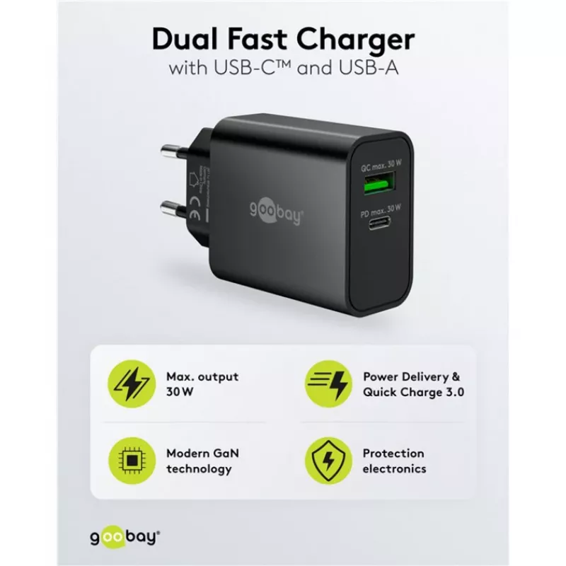 Goobay USB-C PD GaN Dual Fast Charger 30 W melns (75335)