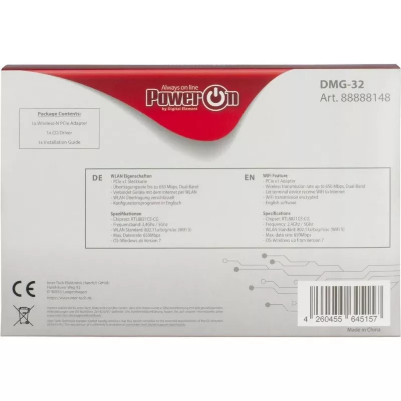 Inter-Tech DMG-32 - Iebūvēts - Bezvadu - PCI Express - Wi-Fi - 650 Mbit/s - Melns - Sudraba (88888148)