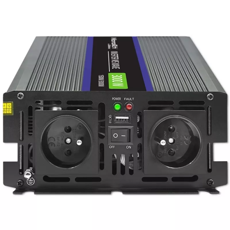 Jaudas pārveidotājs QOLTEC Monolith 3000 MS Wave, 12V→230V, 1500/3000W, ar USB