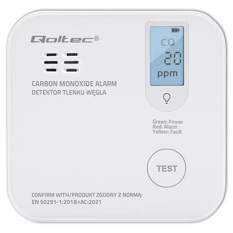 Oglekļa monoksīda sensors QOLTEC 52577 — ar baterijām darbināma signalizācija, 85 dB skaņas līmenis