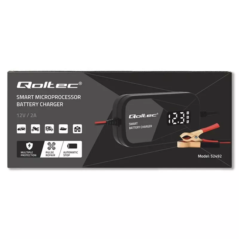 Bateriju lādētājs QOLTEC 52492 12V 2A ar mikroprocesora vadību un šūnu reģenerāciju
