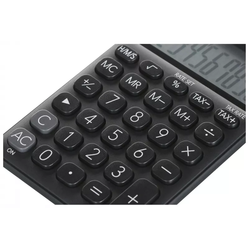 Pamata kalkulators CASIO SL-310UC-BK — 10 ciparu, ar baterijām/saules enerģiju, nodokļu un peļņas funkcijas, kabatas izmērs (70×118×8,4 mm), melns