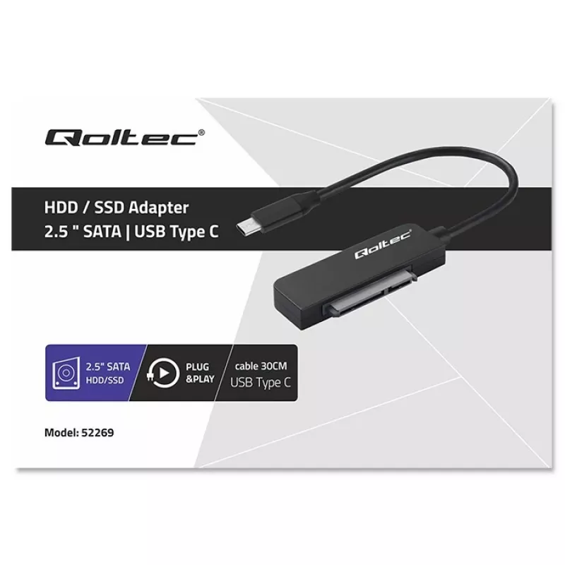 QOLTEC SATA adapteris 52269 2,5 collu diskam uz USB-C, atbalsta līdz 2TB