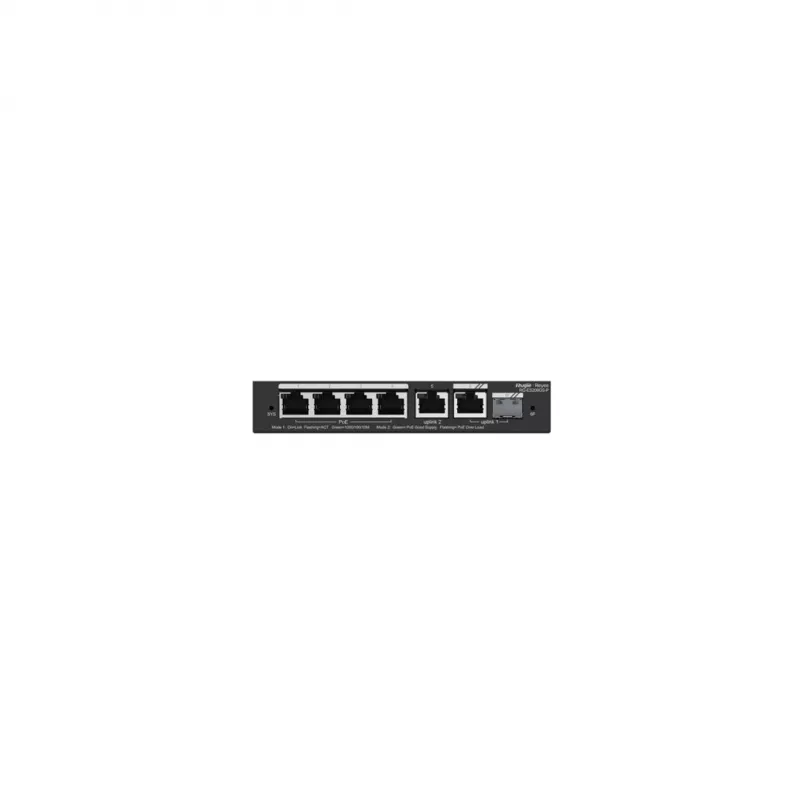 Vadāms PoE komutators RUIJIE RG-ES206GS-P — L2, 6x Gigabit RJ-45, 1x SFP, 4 PoE porti (54 W budžets), 12 Gbit/s, mākoņpārvaldīts