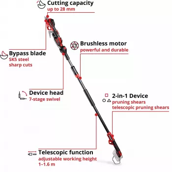 Atzarošanas šķēres EINHELL GP-LS 18/28 Li T BL-Solo — bezvadu teleskopiskās apvedceļa atzarošanas šķēres, 18 V, griešanas jauda 2,8 cm, alumīnija rokturis