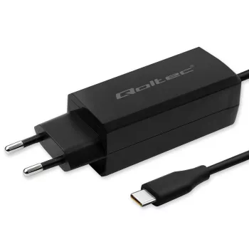 GaN 90W lādētājs QOLTEC 52420 USB-C PD 5–20V 3A/4.5A izeja, 220–240V ieeja, 1,8 m kabelis, melns